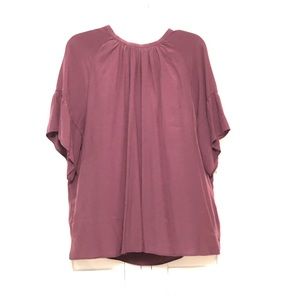 LOFT deep plum (XL) ruffle sleeve blouse ties in back